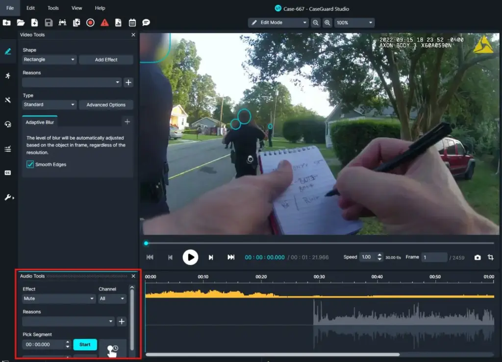 Screen capture of a video editor UI showing a street scene with a police officer taking notes; left panels include Video Tools and Audio Tools.