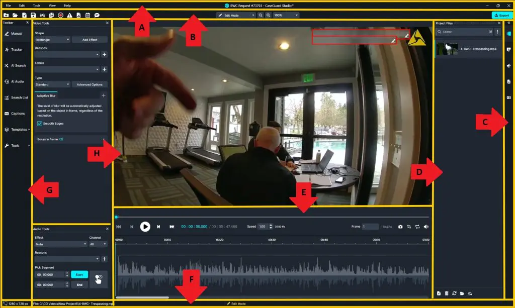 Screenshot of a video editor interface with a meeting-room video in the preview, left tool panel, right project files, and a timeline with an audio waveform below.