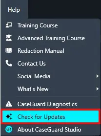 Vertical software navigation menu listing options like Training Course, Redaction Manual, Contact Us, About CaseGuard Studio, with 'Check for Updates' highlighted in blue.