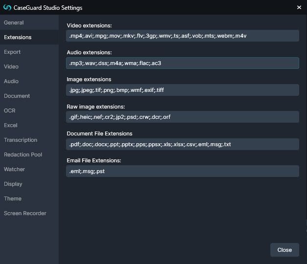 what Extensions are supported by CaseGuard