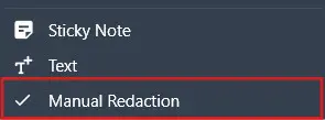 Context menu with options Sticky Note, Text, and Manual Redaction; Manual Redaction is selected with a checkmark.