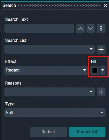 Screenshot of a redact tool UI: fields for Search Text, Search List, Effect set to Fill with a black color swatch, Reasons, Type set to Full; actions Redact and Redact All