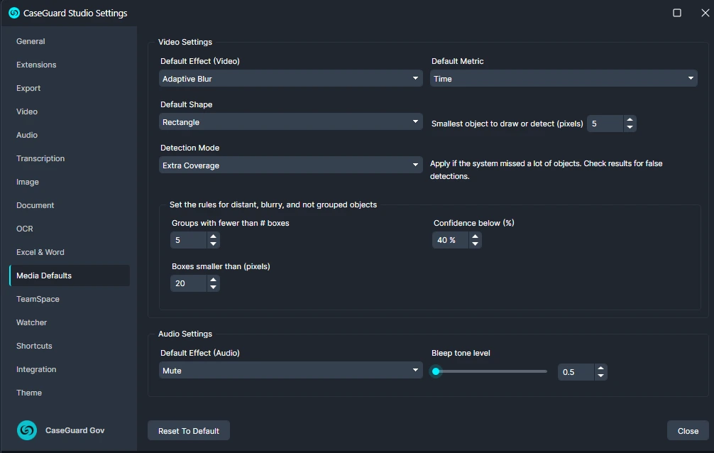 CaseGuard Studio Settings dialog open to Media Defaults, showing Video Settings (Adaptive Blur, Rectangle shape, Extra Coverage detection) and Audio Settings (Mute with volume slider) with a dark left navigation pane.