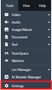 Settings | CaseGuard Vertical software menu with multiple options; the'Settings' item is highlighted with a red outline at the bottom.
