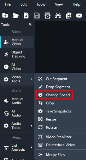 Change speed option in video tools