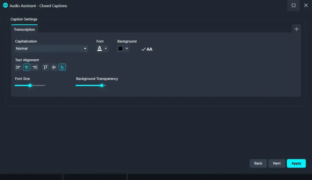 Audio Assistant caption settings panel with transcription options: font, background, text alignment, and sliders for font size and background transparency.