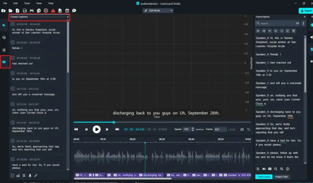 Screenshot of audio transcription/editor interface showing closed captions panel and waveform timeline (CaseGuard Studio) for editing captions and transcripts