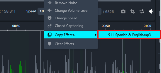 Context menu open: Copy Effects… with the file 911-Spanish & English.mp3 selected in the audio editor UI.