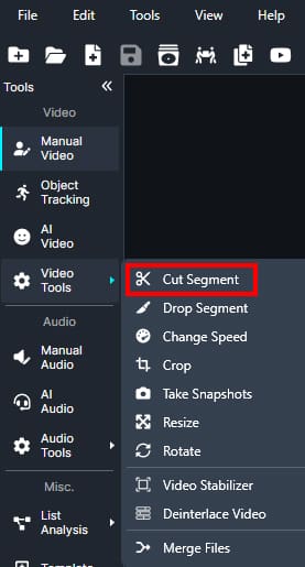 Cut segment option in video tools