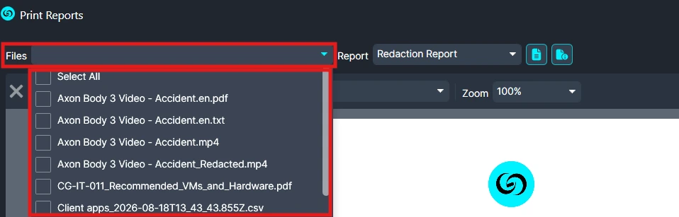 Dropdown menu labeled Files showing a list of selectable documents including Axon Body 3 Video - Accident.en.pdf