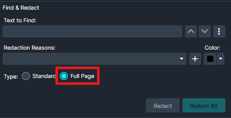 Find and redact panel with "Full Page" Selected