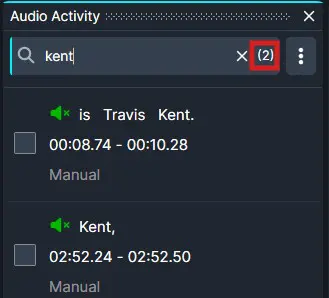 Audio Activity panel showing search for 'kent' with two results indicated by (2); green speaker icons mark each match. Segments: 00:08.74–00:10.28 'Travis Kent.' and 02:52.24–02:52.50 'Kent,' labeled Manual.