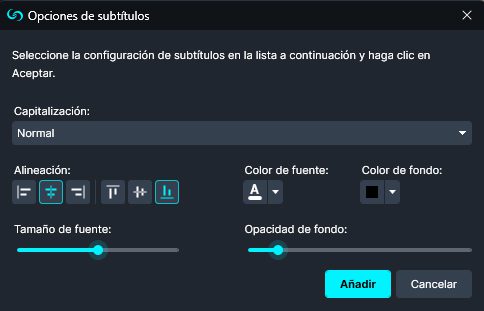 Closed Caption Options window in Spanish