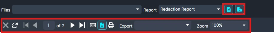 Dark-themed report viewer with two highlighted toolbars: the top bar has a Files dropdown and a Report selector with grey-blue icons (likely Save/Copy). The bottom highlighted bar shows navigation controls (first, previous, page 1 of 2, next, last), play/pause, view options, an Export button, and a Zoom 100% control.