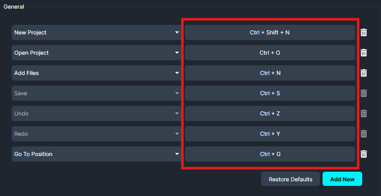 shortcuts | CaseGuard Shortcut editor panel listing actions with keyboard shortcuts and delete icons: New Project (Ctrl+Shift+N), Open Project (Ctrl+O), Add Files (Ctrl+N), Save (Ctrl+S), Undo (Ctrl+Z), Redo (Ctrl+Y), Go To Position (Ctrl+G); includes Restore Defaults and Add New controls at bottom.
