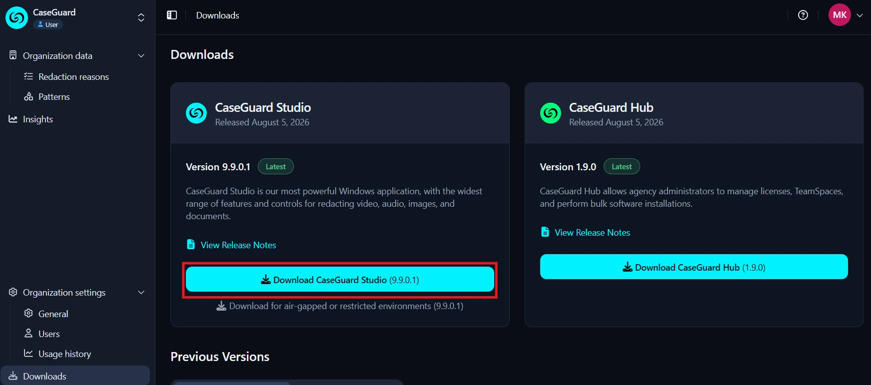 CaseGuard-Install | CaseGuard Downloads page with two product cards: CaseGuard Studio (v9.9.0.1) and CaseGuard Hub (v1.9.0). The blue button reads 'Download CaseGuard Studio (9.9.0.1)' and is highlighted.