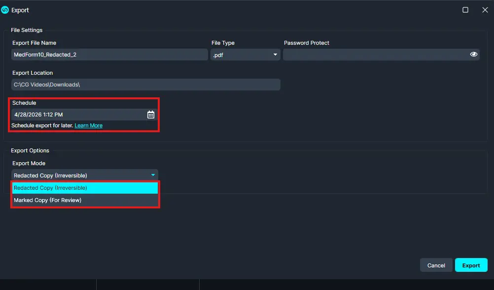 Export-1 | CaseGuard Export dialog showing file name MedForm10_Redacted_2 as a PDF, saved to C:CG VideosDownloads, with a scheduled export for 4/28/2026 1:12 PM and export options including Redacted Copy (Irreversible) and Marked Copy (For Review).