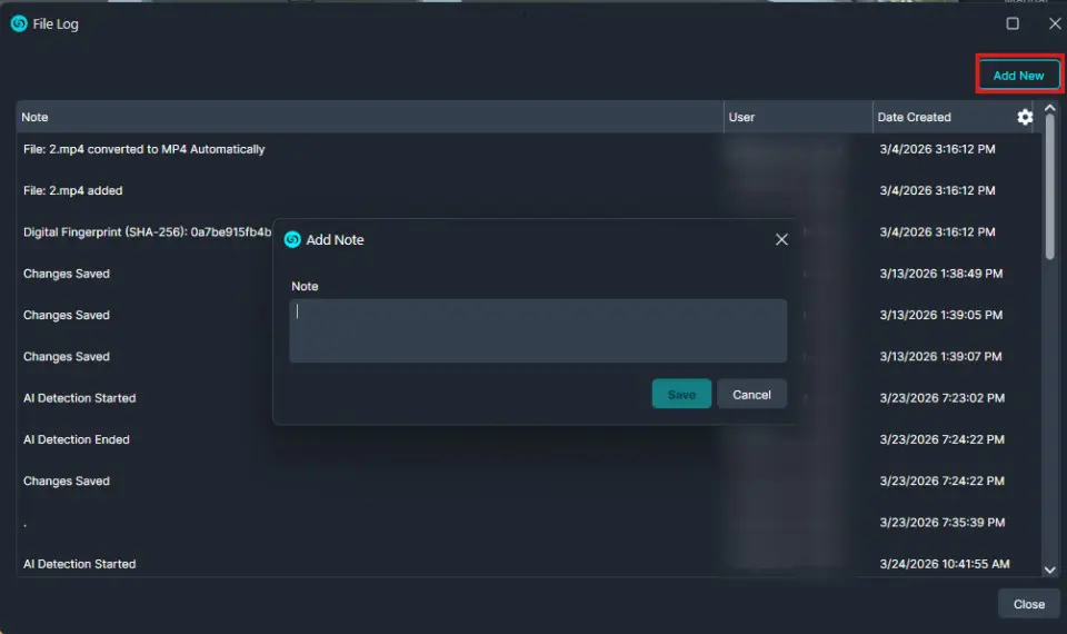 Dark log interface with an highlighted 'Add New' button; a centered 'Add Note' modal showing a text field and Save/Cancel actions.