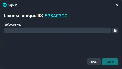 How-to-Install-CaseGuard-Studio-on-Your-Device-Offline-Key-Screen | CaseGuard Sign-in window showing License unique ID 536AE3C0 and a software key input field with a copy button.