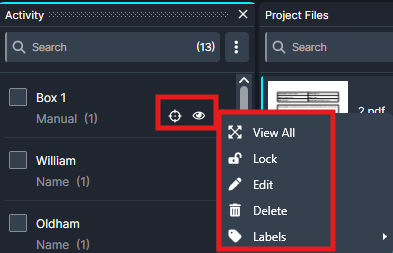 Screenshot of a dark file manager with two panels ('Activity' and 'Project Files'). A red-bordered context menu is open over an item, offering View All, Lock, Edit, Delete, Labels (with list items like Box 1, William, Oldham).