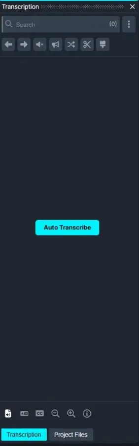 Transcription app UI in dark mode with a bright 'Auto Transcribe' button centered on the screen and toolbar icons along the top and bottom tabs labeled 'Transcription' and 'Project Files'.