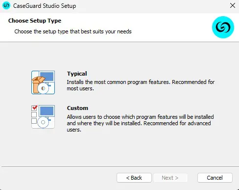 TypicalorCustom 1 | CaseGuard CaseGuard Studio Setup dialog with two setup options—Typical (default features) and Custom (choose features)—and navigation buttons (Back, Next, Cancel).
