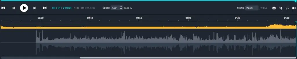 Dark media player/editor showing two audio waveforms on a timeline: an orange top track and a gray bottom track, with playback controls on the left and speed/frame indicators at the top.