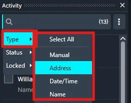 Screenshot of a UI panel with a Type dropdown open; a context menu shows options Manual, Address (highlighted), Date/Time, Name, and a Select All option.
