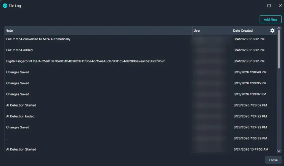 Dark UI file log window listing recent notes with timestamps and a blue Add New button in the top-right.