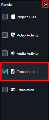 Panel menu with options; Transcription is selected (checkbox checked).
