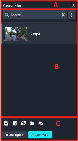 Screenshot of a Project Files panel: top bar with title and close button, search field showing 1 item, one video file named '2.mp4' in the list, a large empty workspace area, and a bottom toolbar with action icons and a tab bar where 'Project Files' is selected.