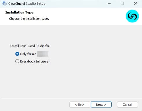 Setup Installation type from CaseGuard install wizard with name redacted