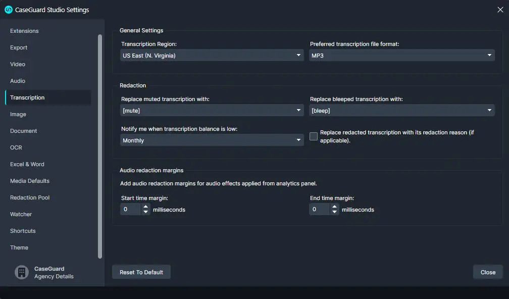 CaseGuard Studio Settings window with Transcription and Redaction options: region US East (N. Virginia), MP3 format, mute and [bleep] replacements, monthly balance alerts, zero audio margins, and Reset/Close buttons.