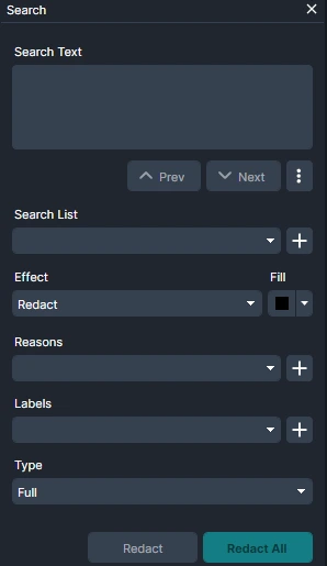 Dark-themed redact tool panel with a text input area, navigation (Prev/Next), and dropdowns for List, Reasons, Labels, and Type (Full), plus Redact and Redact All actions.