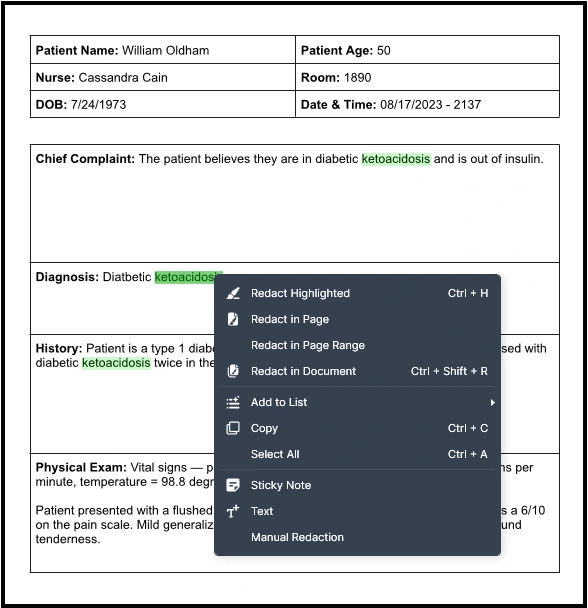 Medical patient chart showing William Oldham, 50, in room 1890, DOB 7/24/1973, date/time 08/17/2023 21:37; Chief Complaint: possible diabetic ketoacidosis and insulin deficiency; Diagnosis: diabetic ketoacidosis highlighted; History notes type 1 diabetes with ketoacidosis; physical exam and vitals summarized below.