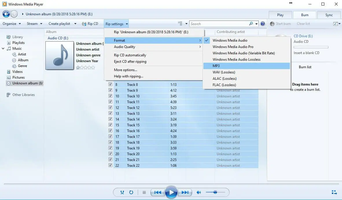 Windows Media Player rip settings menu open to MP3 format option, with tracks listed on the right and a blue selection highlight on MP3