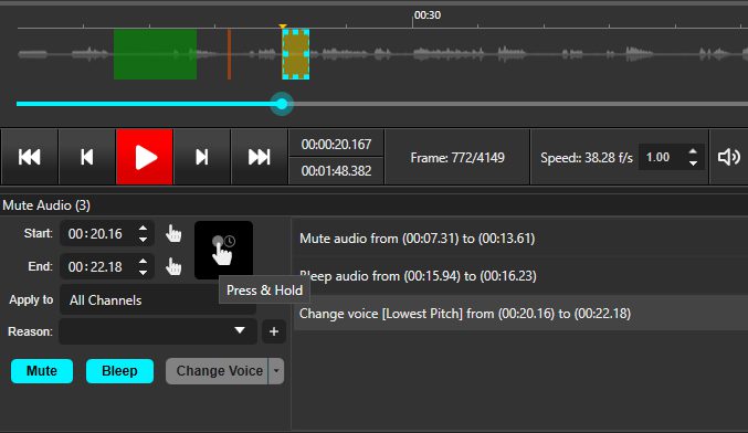 agregar efectos de redacción de audio manual en CaseGuard Studio