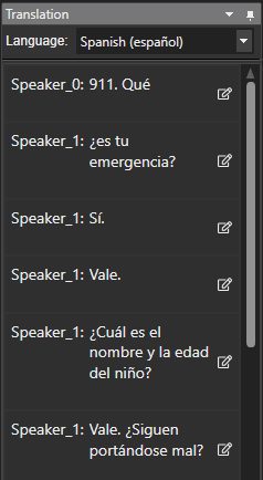 Transcription & Translation Panel demonstrating English to Spanish Translation on CaseGuard Studio