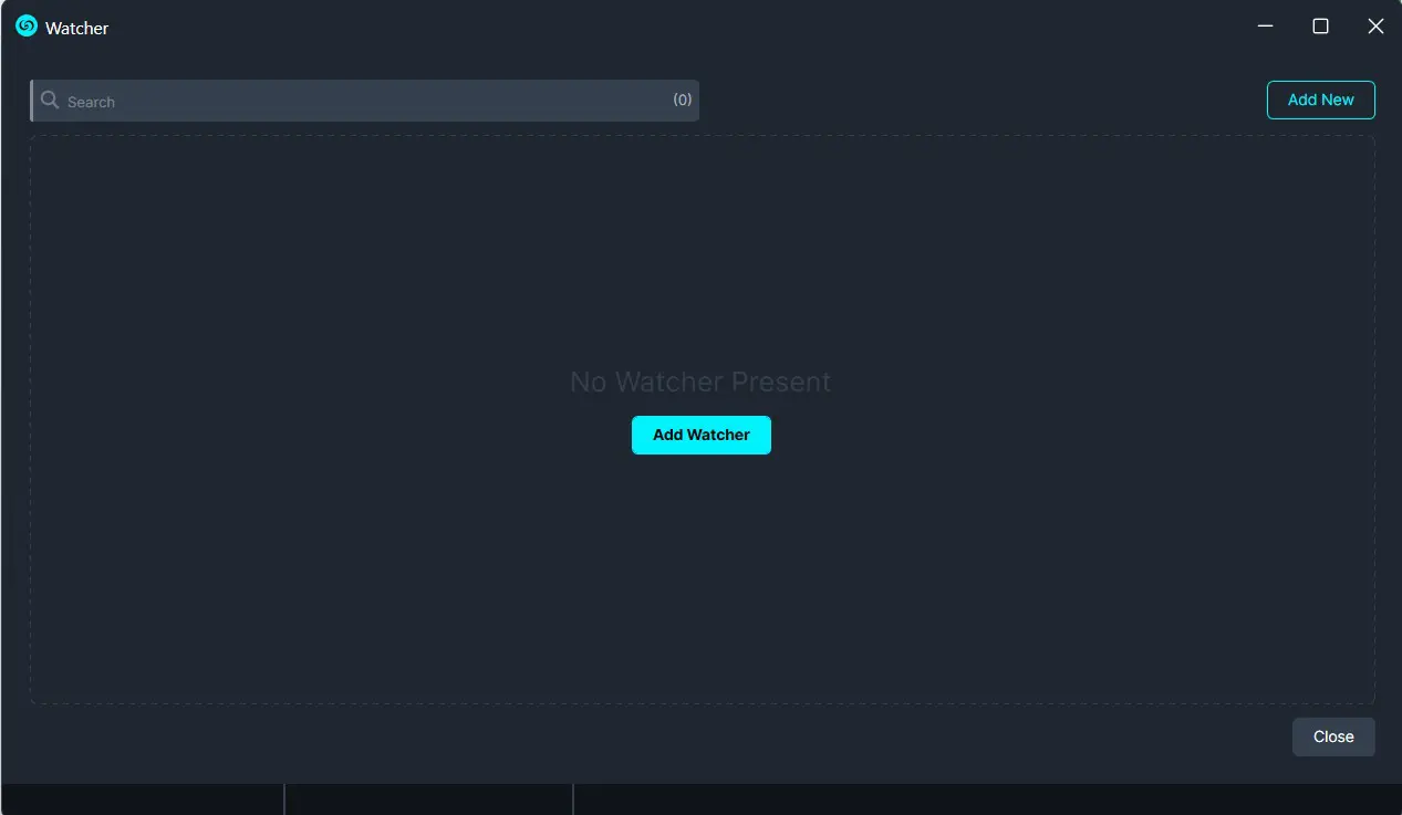 Watcher app window with a search bar, large empty dashboard area, and a centered'Add Watcher' button showing 'No Watcher Present' message.