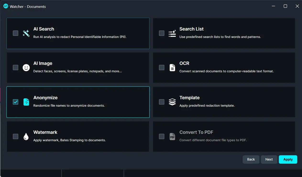 Document processing dashboard with AI tools like AI Search, AI Image, OCR, Anonymize, Watermark, and PDF conversion options