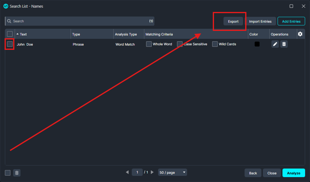 Screenshot of a data manager UI with a names list; the 'Export' button is highlighted in the top-right corner above the list panel.