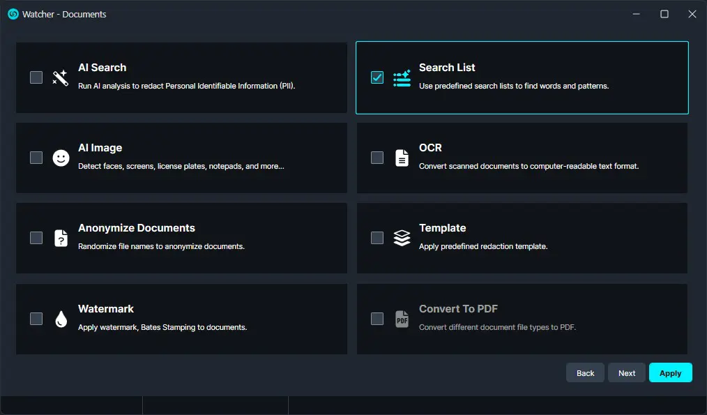 Search-list | CaseGuard Dark-themed Watcher - Documents UI showing a grid of feature tiles (AI Search, AI Image, Anonymize Documents, Watermark, OCR, Template, Convert To PDF) with the 'Search List' tile highlighted and Apply button at bottom-right.