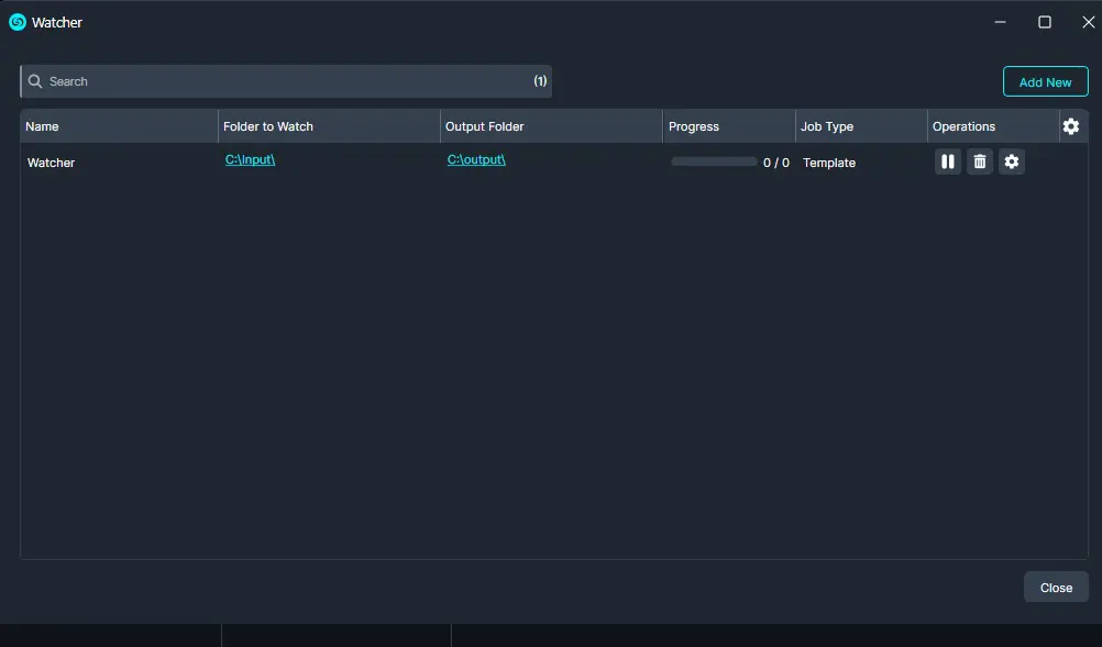 Template-Watcher | CaseGuard Watcher app window shows a single watch job named Watcher with input C:Input and output C:output, progress 0/0, type Template, and action icons on the right.