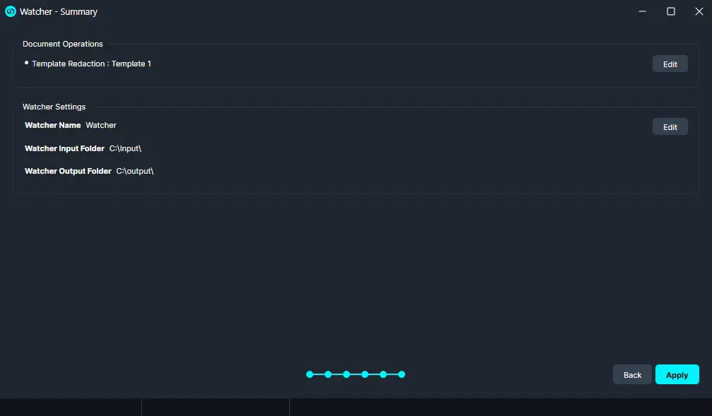 Template-watcher-summary | CaseGuard Watcher app settings window: Template Redaction and watcher folders with Edit buttons and an Apply option in a dark UI.