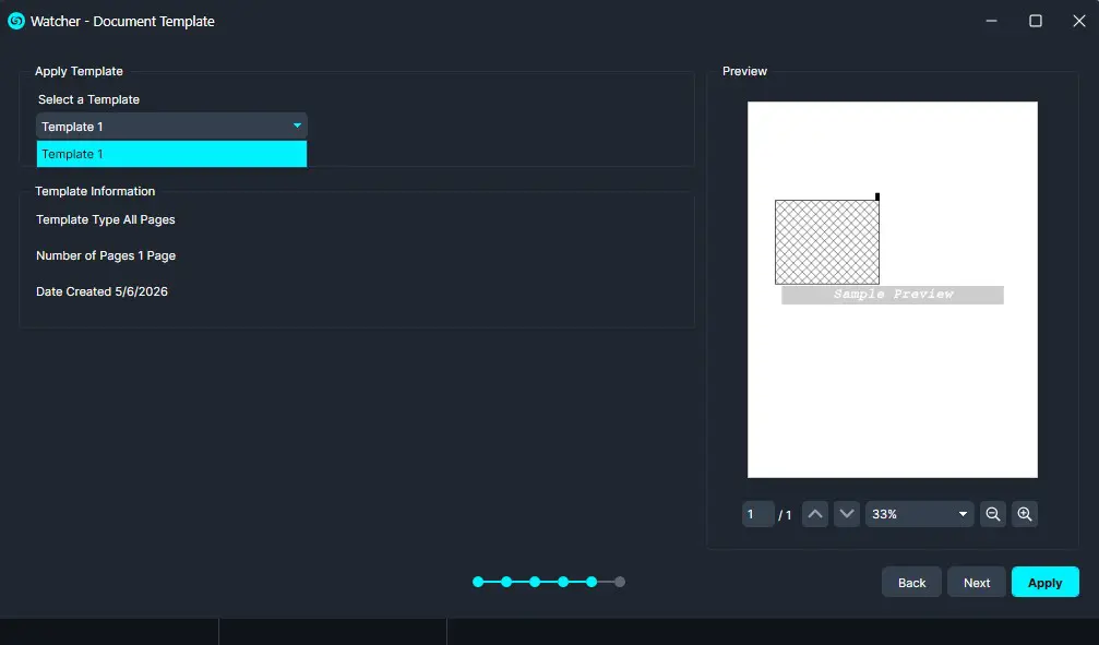 Template | CaseGuard Dialog to apply a document template: dropdown shows 'Template 1', sections list template information (All Pages, 1 Page, created 5/6/2026) and a Preview pane with a sample page.