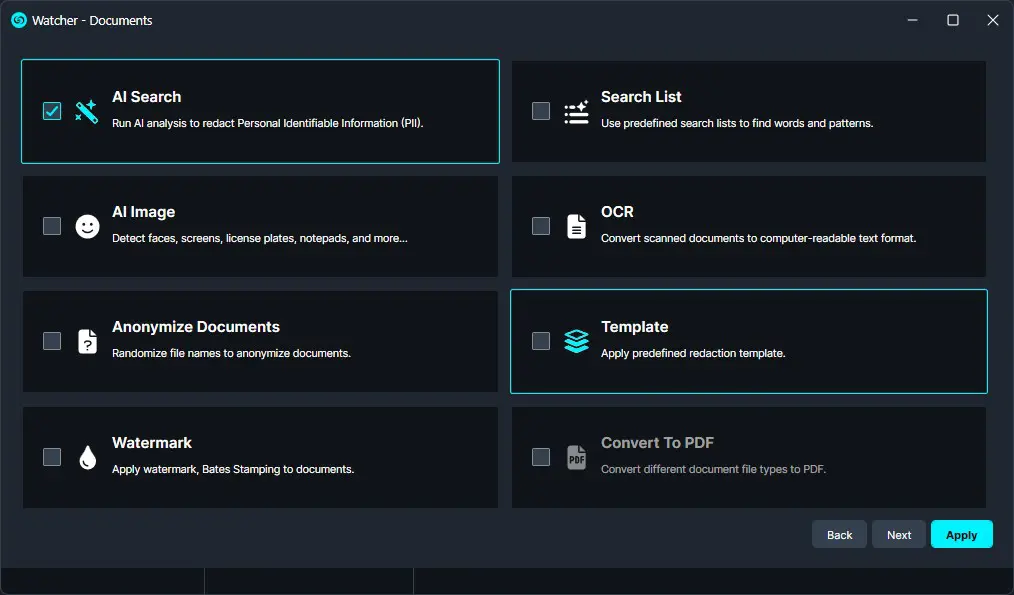 Watcher Documents UI showing AI Search and Template options selected with a dark panel layout and bottom Back, Next, Apply buttons.