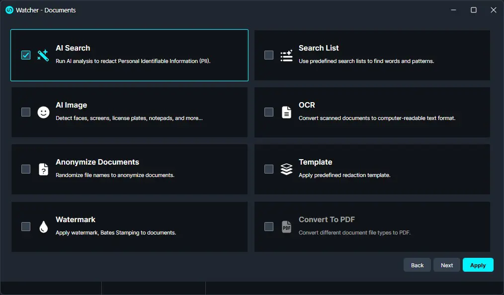 Dark UI settings grid for Watcher - Documents showing selectable features: AI Search (selected), AI Image, OCR, Anonymize Documents, Watermark, Search List, Template, Convert To PDF with Back/Next/Apply buttons.