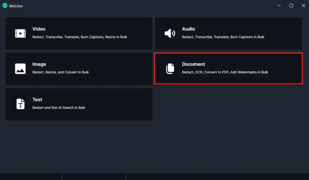 Dashboard tile grid with tools: Video, Audio, Image, Document (selected), and Text; Document tile outlined in red to show selection