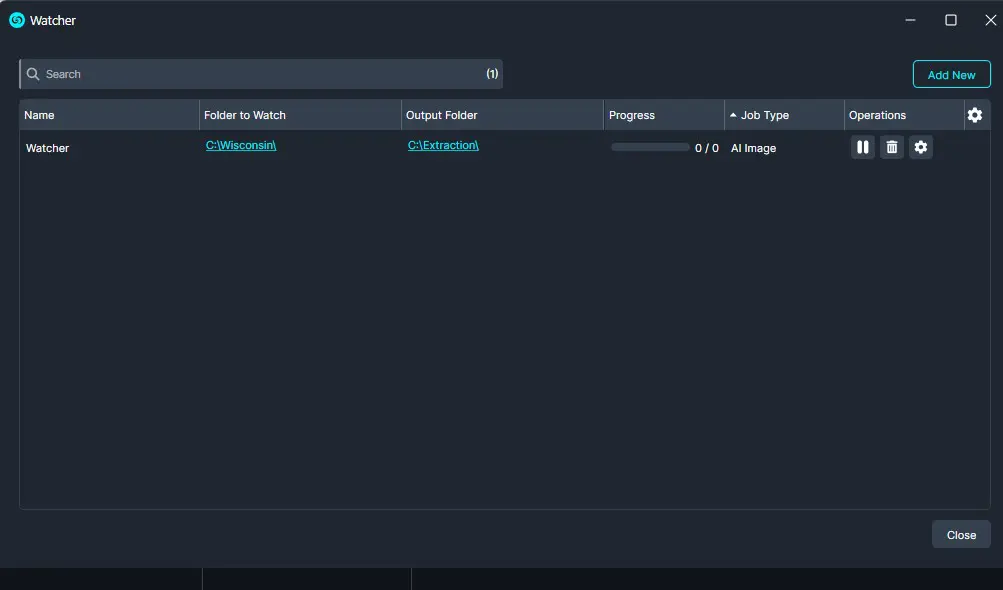 Watcher app window showing one task named 'Watcher' with input/output folders, progress bar, and action controls in a dark UI.