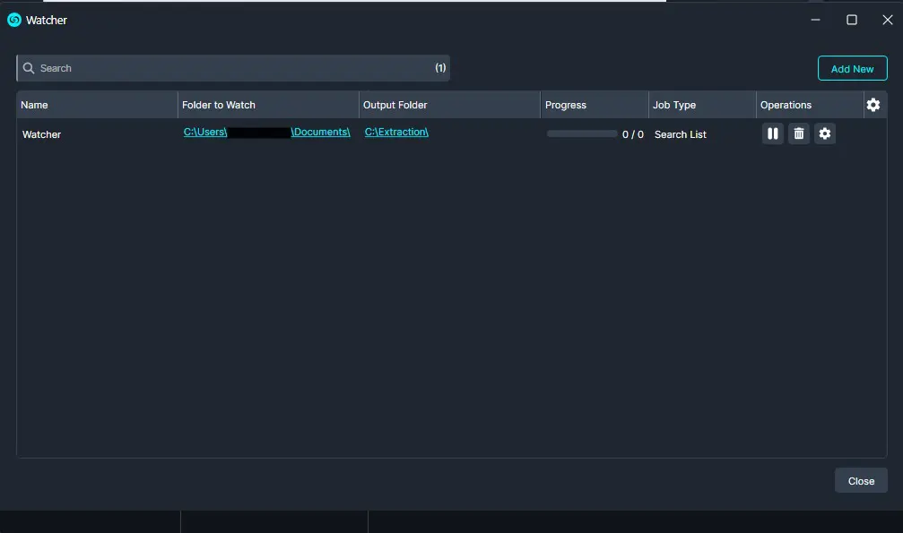 search-list-summary | CaseGuard Watcher app window showing a single watch task: folders C:Users...Documents and C:Extraction, progress 0/0, job type 'Search List', with action icons on the right.